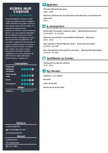 Biyoloji Öğretmeni CV Örnekleri cv indir